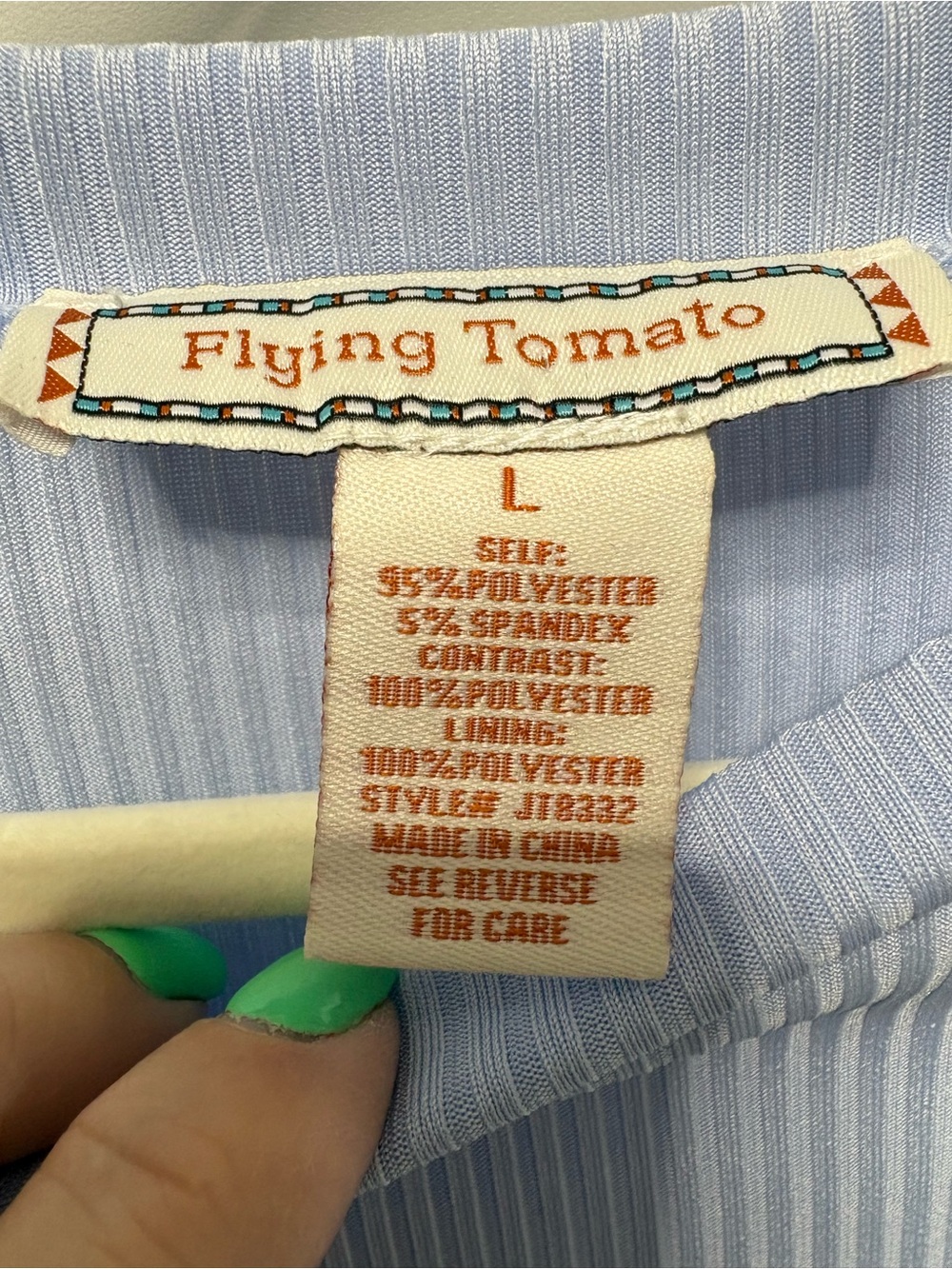 Flying Tomato Light Blue Ribbed Top with Puff Checked Sleeves - Picture 3 of 6